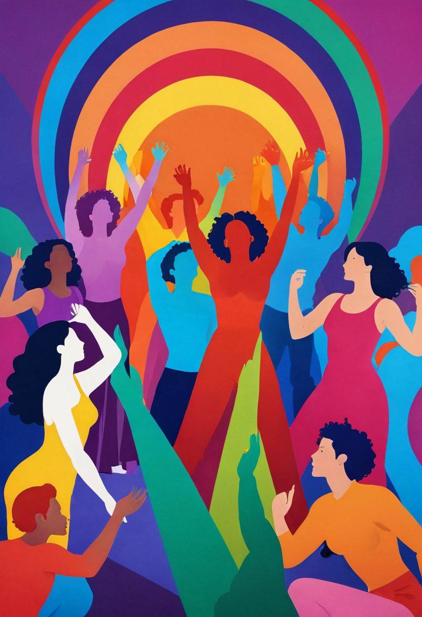 Create a vibrant scene depicting a diverse group of individuals in a celebratory environment that reflects bisexuality and gender diversity, with elements symbolizing inclusivity in adult films. Incorporate rainbow colors, playful poses, and a mix of gender expressions, while featuring abstract art that represents freedom and sexuality. The background should have soft, flowing shapes to create an inviting atmosphere. digital illustration. vibrant colors. soft focus.