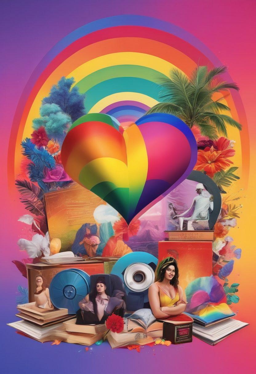 A colorful, dynamic collage depicting various forms of LGBTQ+ entertainment, including film reels, music notes, and stage plays, intertwined with symbols of sexual wellness like hearts and educational elements such as books and open discussions. Include diverse characters celebrating their identities in vibrant attire, surrounded by a warm, inviting atmosphere. The background should feature a rainbow gradient to symbolize inclusivity and joy. super-realistic. vibrant colors. 3D.