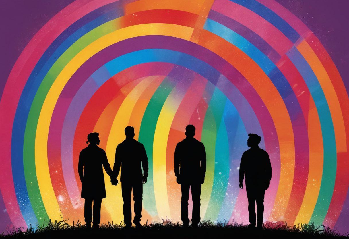 A vibrant spectrum of colors representing LGBTQ+ pride, with silhouetted figures of diverse gay couples engaging in various forms of intimate media. The background features iconic symbols of queer culture like rainbows, hearts, and film reels, illustrating the embrace of representation in adult gay media. A soft, glowing light emanates from the center, highlighting the warmth and acceptance within the community. digital painting. vibrant colors. soft focus.